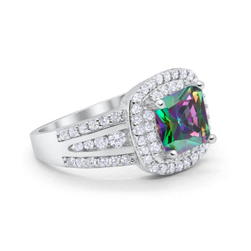 Halo Wedding Ring Princess Simulated Rainbow CZ 925 Sterling Silver